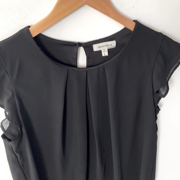 Monteau Black Chiffon Short Sleeved Flutter-sleeve Blouse, Size L - Picture 8 of 11